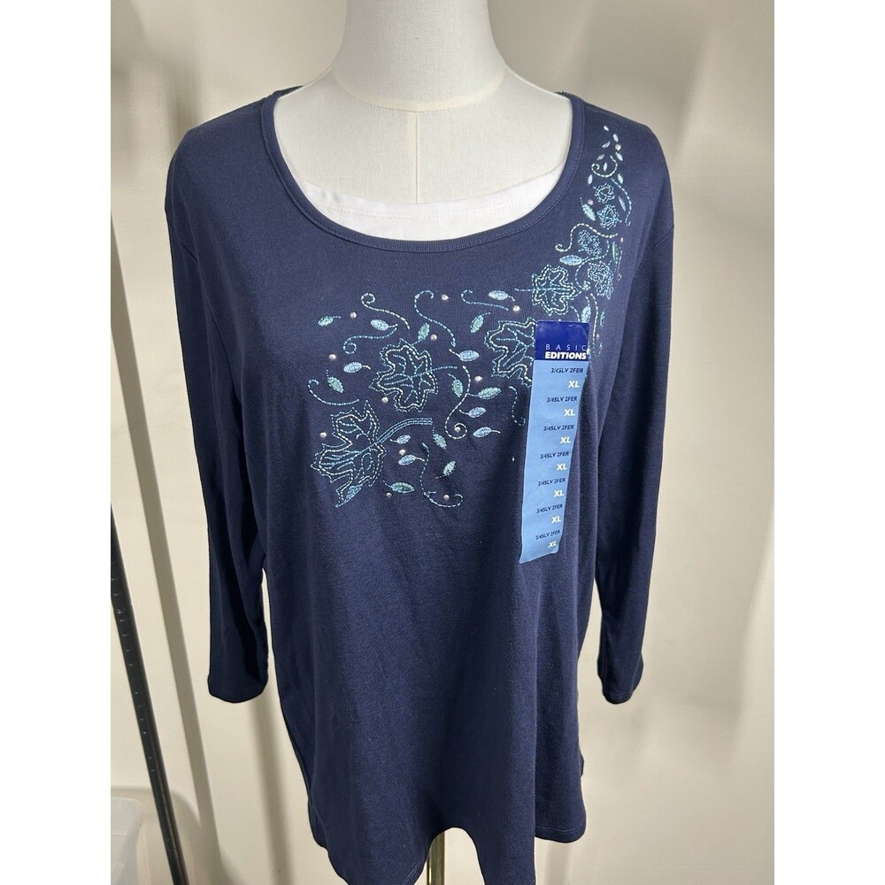 Basic Edition Womens Top Size XL Navy Blue Floral Beaded Front NEW 075